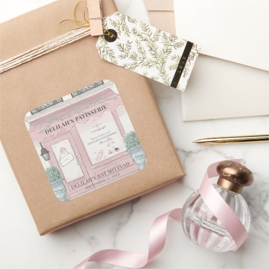 Franse bakkerij Patisserie Paris Pink Bat Mitswa Vierkante Sticker (Geschenken)