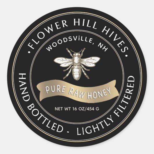 Franse Bee met gouden banner Honey Label Zwart (Voorkant)