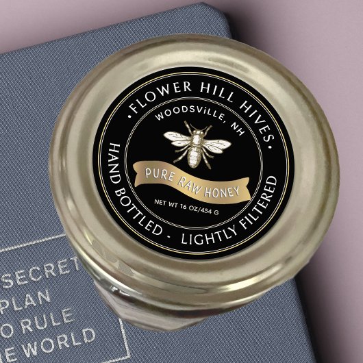 Franse Bee met gouden banner Honey Label Zwart