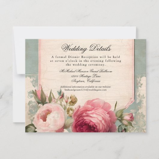 Franse Blauw Roze Rose Bloemen Elegante Bruiloften Kaart (Voorkant)