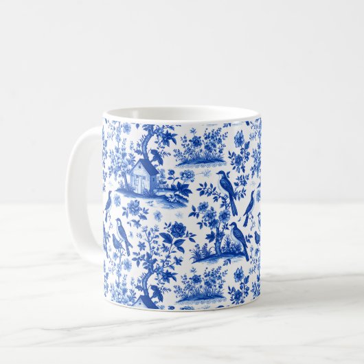 Franse  Blauw & Wit Bloemen Koffie Mok (Voorkant links)