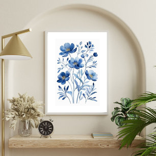 Franse Blauwe Aquarel Bloem Bloemen Botanicals Poster