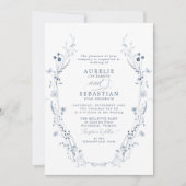 Franse  Blauwe Bloemen Huwelijksuitnodiging Kaart (Voorkant)