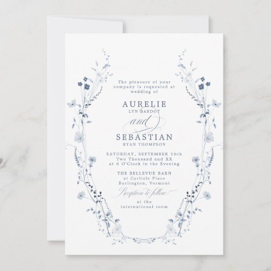Franse Blauwe Bloemen Huwelijksuitnodiging Kaart (Voorkant)