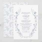 Franse Blauwe Bloemen Huwelijksuitnodiging Kaart (Voorkant / Achterkant)
