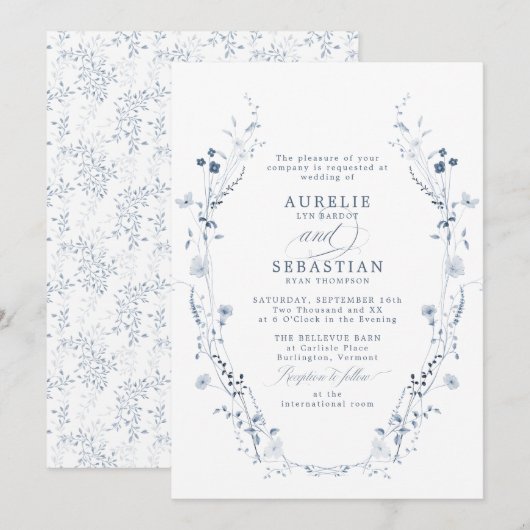 Franse  Blauwe Bloemen Huwelijksuitnodiging Kaart (Voorkant / Achterkant)