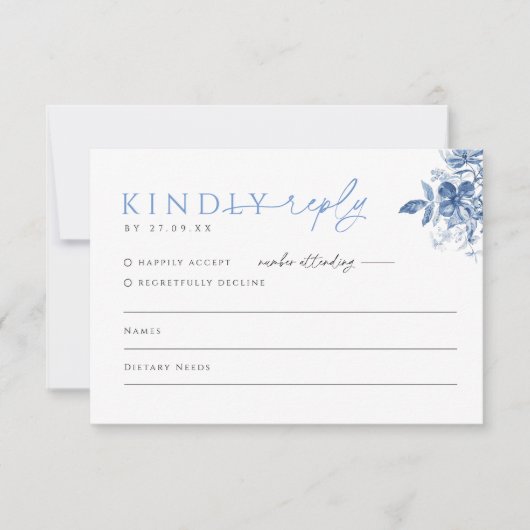 Franse Blauwe Bloemen Huwelijksuitnodiging RSVP Re (Voorkant)