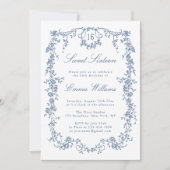 Franse Blauwe Bloemen Lijst Sweet 16 Verjaardagsfe Kaart (Voorkant)