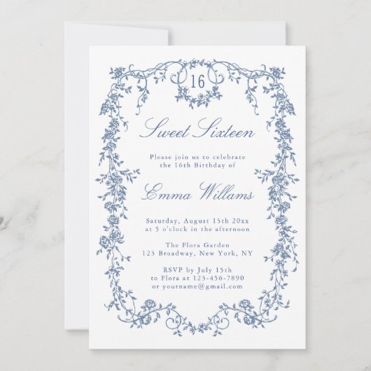 Franse Blauwe Bloemen Lijst Sweet 16 Verjaardagsfe Kaart (Voorkant)