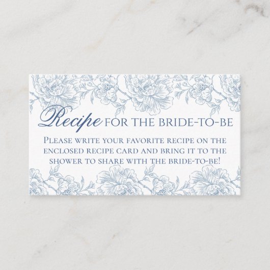 Franse Blauwe Bloemen Toile Bruids Recept Informatiekaartje (Voorkant)