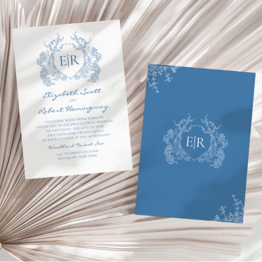  Franse Blauwe Bloemenkam Monogram Huwelijk Kaart