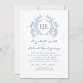  Franse Blauwe Bloemenkam Monogram Huwelijk Kaart (Voorkant)