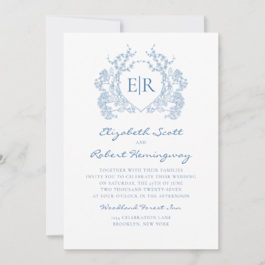  Franse Blauwe Bloemenkam Monogram Huwelijk Kaart (Voorkant)
