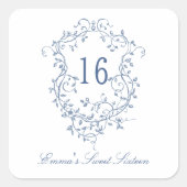 Franse Blauwe Bloemenkam Sweet 16 Verjaardagsfeest Vierkante Sticker (Voorkant)