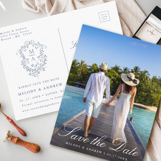 Franse Blauwe Bloemenkroon Foto Save the Date Briefkaart