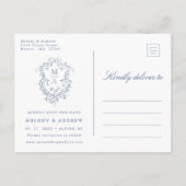 Franse Blauwe Bloemenkroon Foto Save the Date Briefkaart (Achterkant)