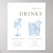 Franse Blauwe Bloemenlijn Art Signature Drinken Poster (Voorkant)