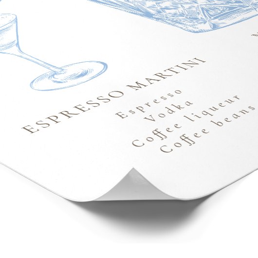 Franse Blauwe Bloemenlijn Art Signature Drinken Poster (Hoek)