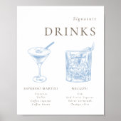 Franse Blauwe Bloemenlijn Art Signature Drinken Poster (Voorkant)