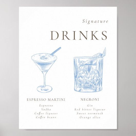 Franse Blauwe Bloemenlijn Art Signature Drinken Poster (Voorkant)