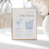 Franse Blauwe Bloemenlijn Art Signature Drinken Poster