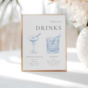 Franse Blauwe Bloemenlijn Art Signature Drinken Poster