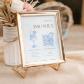 Franse Blauwe Bloemenlijn Art Signature Drinken Poster