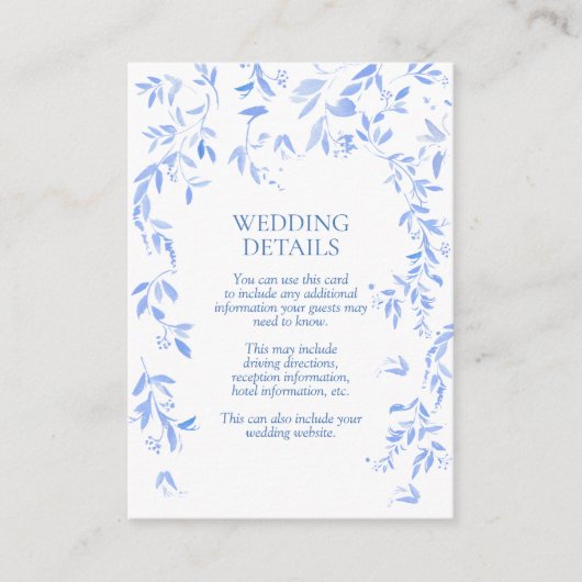 Franse Blauwe Bloemige Botanische Trouwdetails Informatiekaartje (Voorkant)