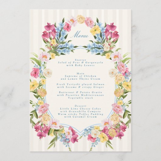 Franse Blauwe Bloemige Monogram Lente Bruiloft Menu (Voorkant)