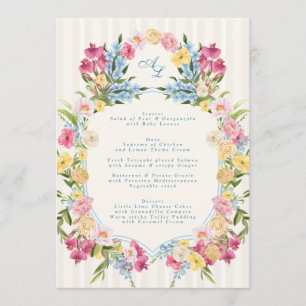 Franse Blauwe Bloemige Monogram Vintage Wapen Huwe Menu
