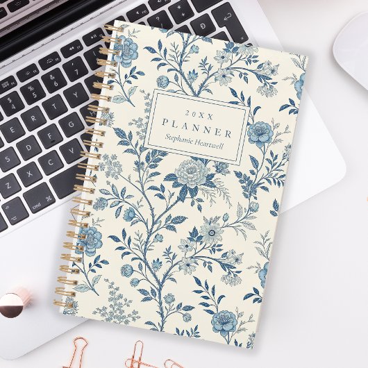 Franse Blauwe Bloemstuk Toile Patroon Naam Planner