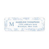 Franse Blauwe Botanische Toile Monogram Adres Etiket (Voorkant)