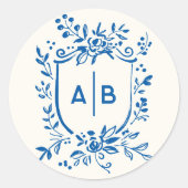 Franse Blauwe Botanische Wapen Huwelijksmonogram Ronde Sticker (Voorkant)