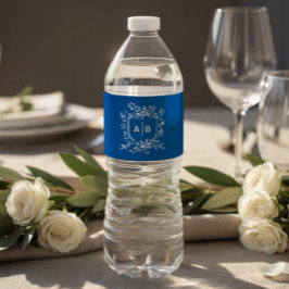 Franse Blauwe Botanische Wapen Huwelijksmonogram Waterfles Etiket