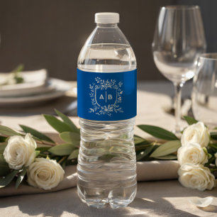 Franse Blauwe Botanische Wapen Huwelijksmonogram Waterfles Etiket