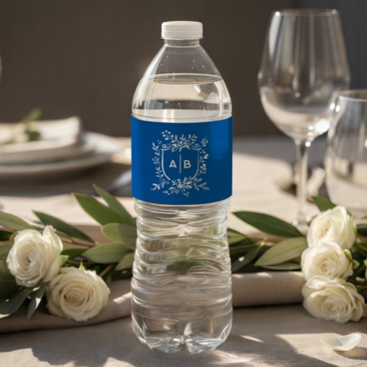 Franse Blauwe Botanische Wapen Huwelijksmonogram Waterfles Etiket