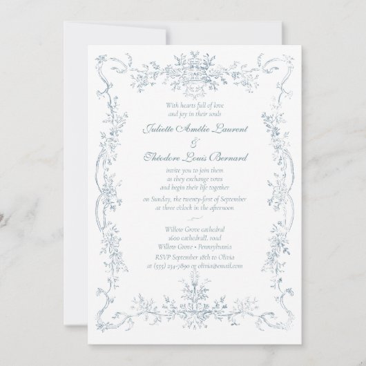 Franse Blauwe bruiloft Lijst Kaart (Voorkant)