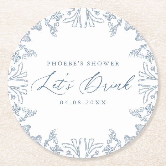 Franse Blauwe Chinoiserie Bloemen Douchemat Ronde Kartonnen Onderzetter (Voorkant)