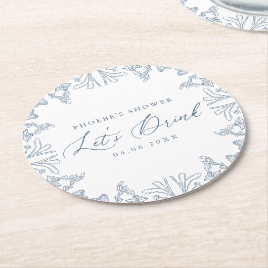 Franse Blauwe Chinoiserie Bloemendouchemandje Ronde Kartonnen Onderzetter (Gebogen)