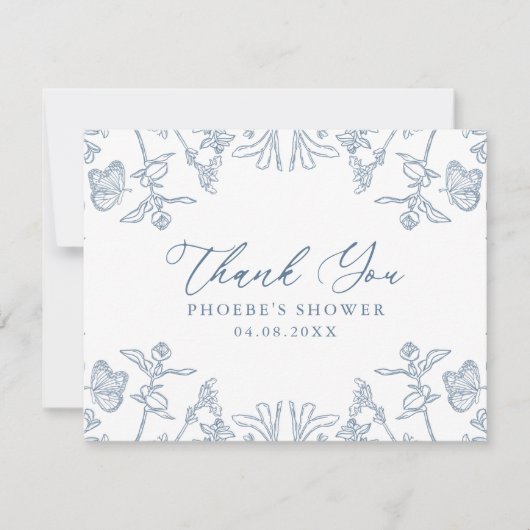Franse Blauwe Chinoiserie Bloemige Bruids-Shower B Bedankkaart (Voorkant)