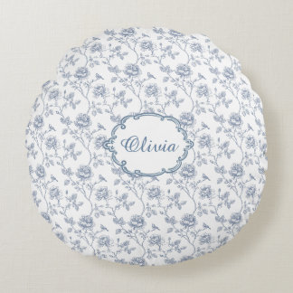 Franse Blauwe Chinoiserie Bloemstuk Meisjesnaam Rond Kussen