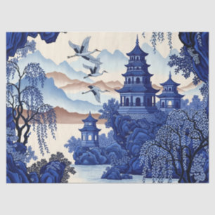 Franse Blauwe Chinoiserie Découpage Print Tissuepapier