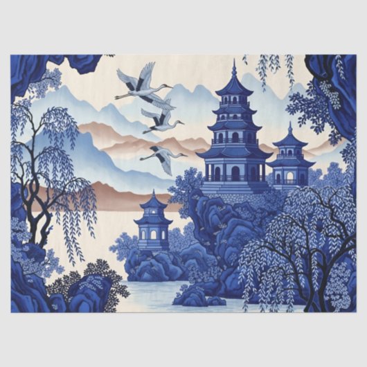 Franse Blauwe Chinoiserie Decoupage Print Tissuepapier (Voorkant)