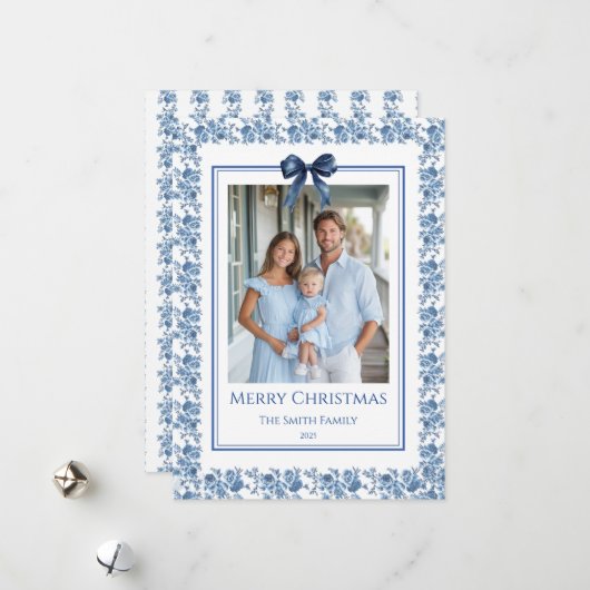 Franse Blauwe Chinoiserie Grandmillennial Foto Feestdagenkaart (Voorkant / Achterkant in situ)