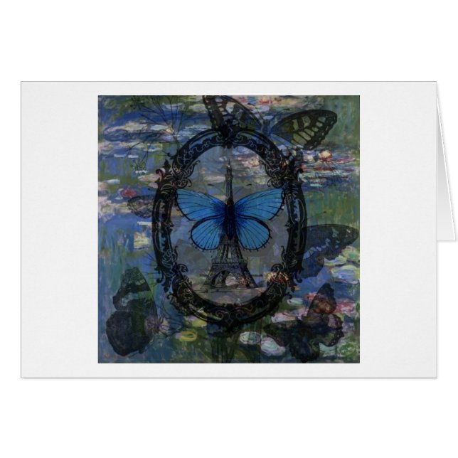 Franse blauwe collage-kunstkaart (Voorkant Horizontaal)