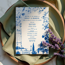 Franse Blauwe Europese Tuin Whimsical Huwelijk Programmakaart