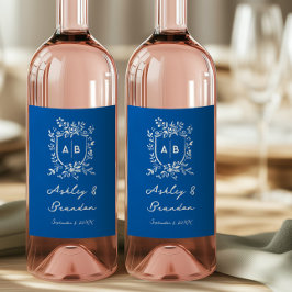 Franse Blauwe Fantasievolle Bloemige Monogram Wape Wijn Etiket