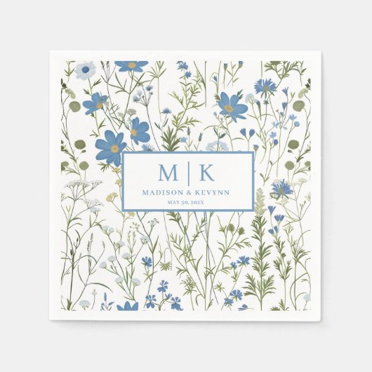 Franse Blauwe FloraL bruiloft cocktail servetten (Voorkant)