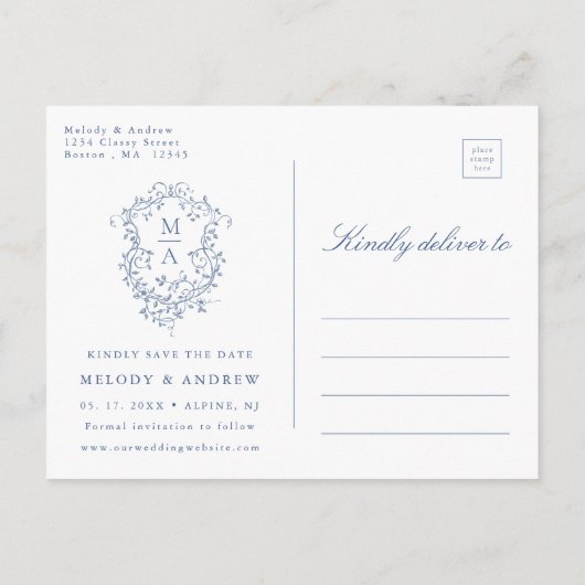 Franse Blauwe Floral Crest Foto Sla de datum op Briefkaart (Achterkant)