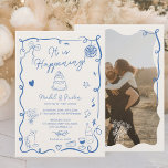 Franse blauwe hand getekende geïllustreerde foto b kaart<br><div class="desc">Vier de vereniging van liefde met onze betoverende Retro French Blue bruiloft uitnodiging! Dit handgetekende, geïllustreerde Franse ontwerp straalt elegantie en grilligheid uit, met delicate krabbels, golvende rand lijsten en ingewikkelde schetsen van voedsel en drinken. Van wijnglazen tot cocktails en heerlijke lekkernijen, de hartverwarmende details zetten het podium voor een...</div>